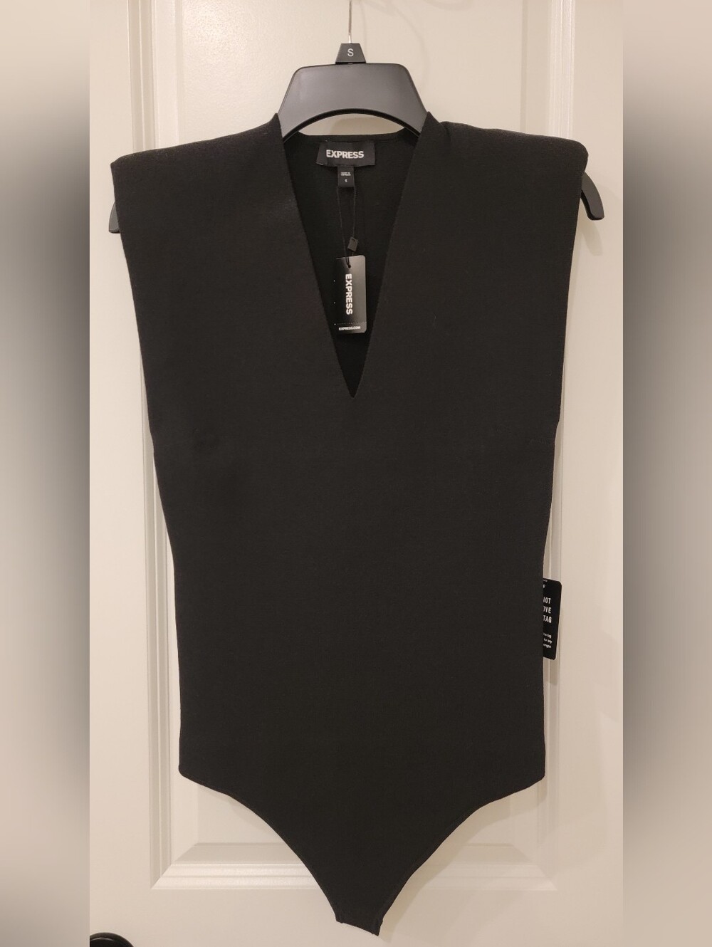 Express Black Padded-Shoulder V-Neck Bodysuit